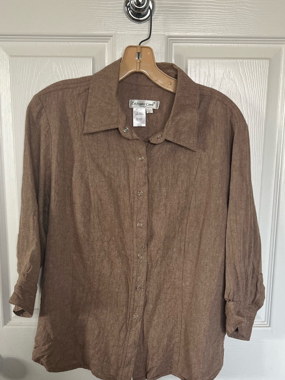 croft & barrow Brown Long-Sleeve Linen Rayon Button-Down Shirt Petite M